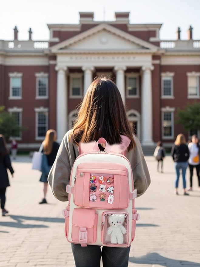 Kawaii Backpack for Teen Girls, Cute Aesthetic High Middle School College Bookbag with Accessories，Pink Beige