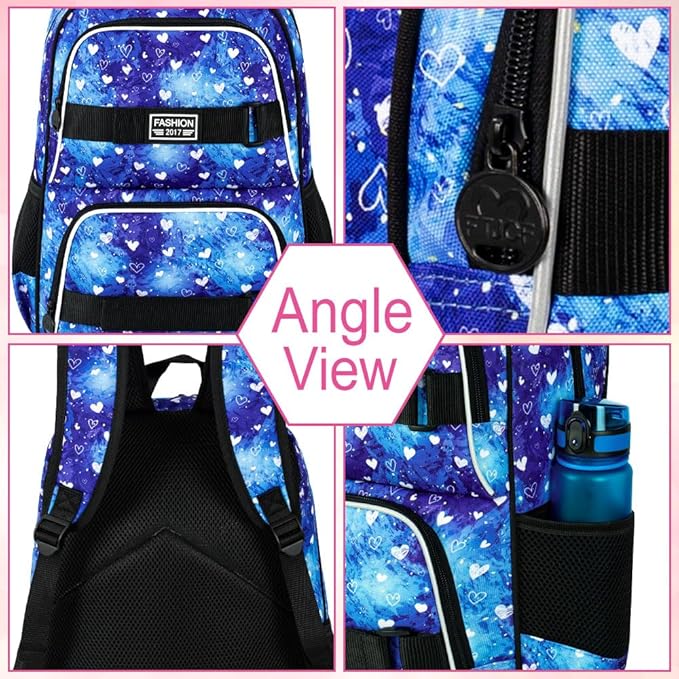 17 Inches Girls Backpack, 3Pcs Love Laptop Backpacks with Lunch Bag, Water Resistant College School Bookbag Set for Teens Students(Blue)
