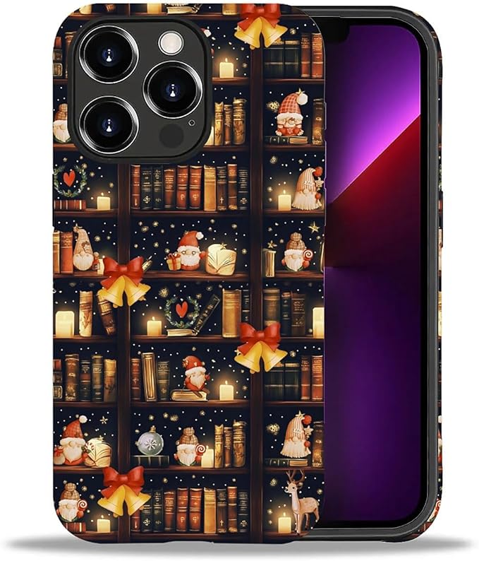DAIZAG Case Compatible with for iPhone 13 Pro Max,Christmas Santa Claus Bookshelf Bells Phone Case for iPhone 13 Pro Max for Girl Women Boy Men