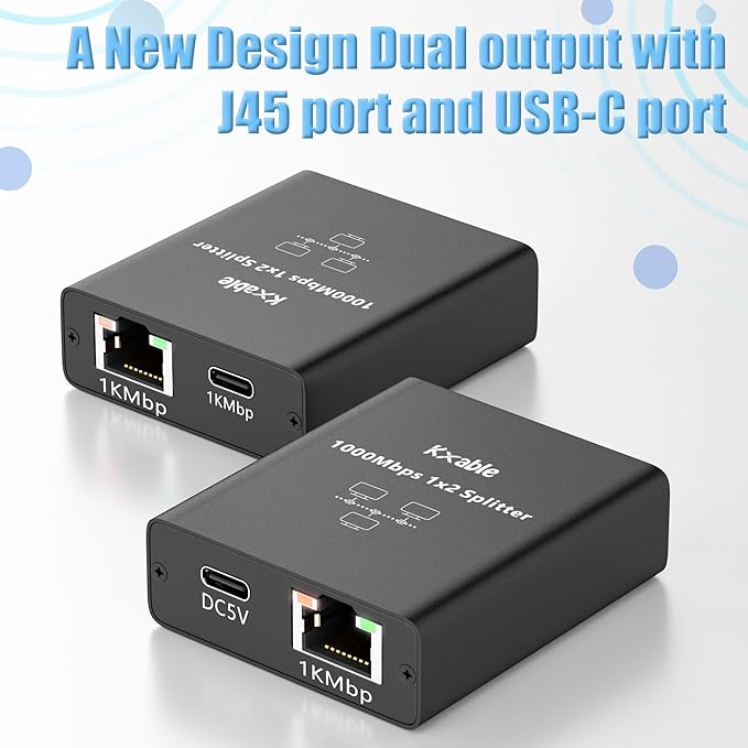 USB-C to 2x RJ45 Ethernet Splitter, Gigabit LAN Adapter, 1Gbps, for MacBook to Ethernet