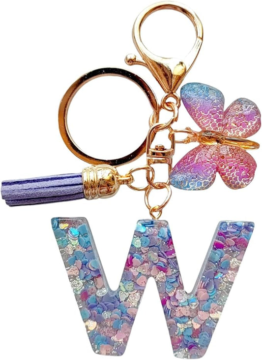 Cute Initial Letter Keychains for Women Girls Tassel Butterfly Pink Purple Green Keychain for Backpack School Bag