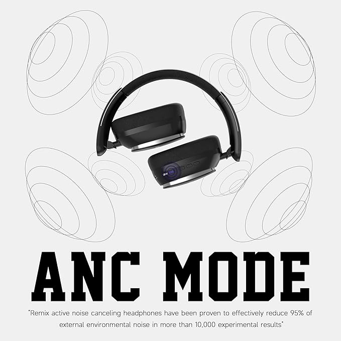 Remix 130H Playtime Bluetooth Over-Ear Wireless Headphones, ANC/ENC Active Noise Cancelling, Foldable Rotatable Lightweight Headphones with Microphone Type-C for Call Travel Sports (Black)
