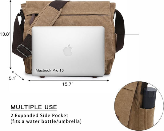 Large Vintage Canvas Messenger Shoulder Bag Travel Crossbody Purse Briefcase Business Bag for 15inch Laptop