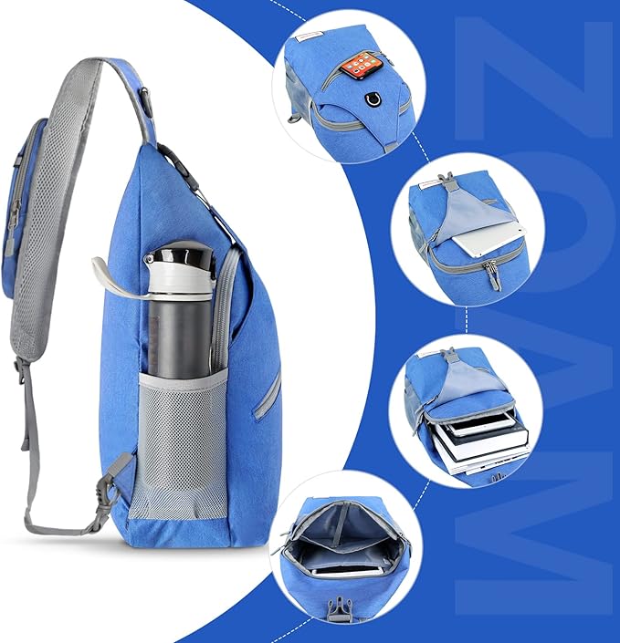 ZOMAKE Sling Bag,Small Crossbody Sling Backpack,Water Resistant Shoulder Daypack for Travel,Anti Thief Chest Bag for Hiking(Blue)