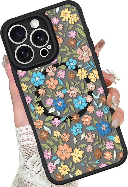 KANGHAR Case Compatible with iPhone 16 Pro Flower Pattern [Compatible with Magsafe] Cute Colorful Blooming Florals Protective Magnetic Case for Girls Women 6.3"