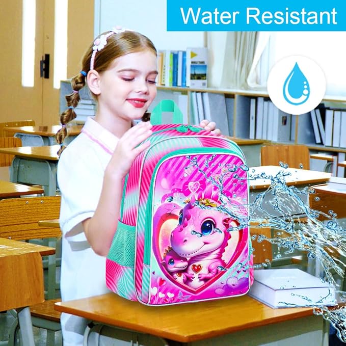 16" Dinosaur Backpack for Girls, 3Pcs School Bookbag with Lunch Box, Kids Backpacks Set for Elementary Preschool Kindergarten(Pink)