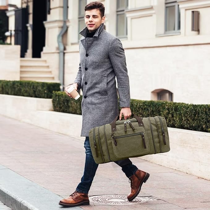 Felipe Varela Green 40L Canvas Duffel Bag for Men, Expandable Travel Gym Overnight Carry On Bag