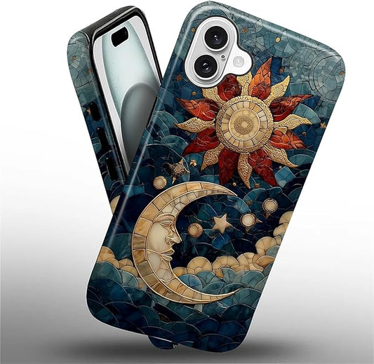 Case for iPhone 16 Case,Sun Moon Stars Faux Stained Glass Design - Hybrid Dual Protection Silicone + Hard PC Shockproof Full Body Cover Slim Anti-Scratch Protective Case for Men Women