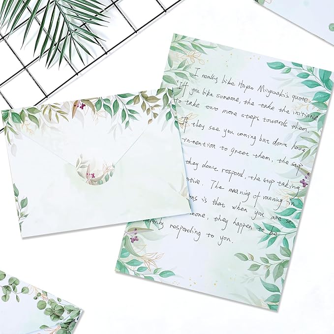 160 Pcs Stationery Paper Envelopes Set Includes 50 Writing Paper & 50 Envelopes with 60 Colorful Round Dot Stickers, Cute Vintage Tree Leaf Letter Writing Stationery Paper Envelopes(10Style)