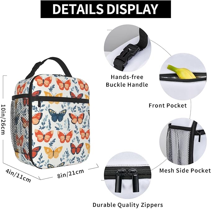 Butterfly Lunch Box for Women Kids Girls Men Insulated Lunch Bag Lunchbox Adults Lunch Tote Bags Reusable Cooler for Work Office School Picnic Travel