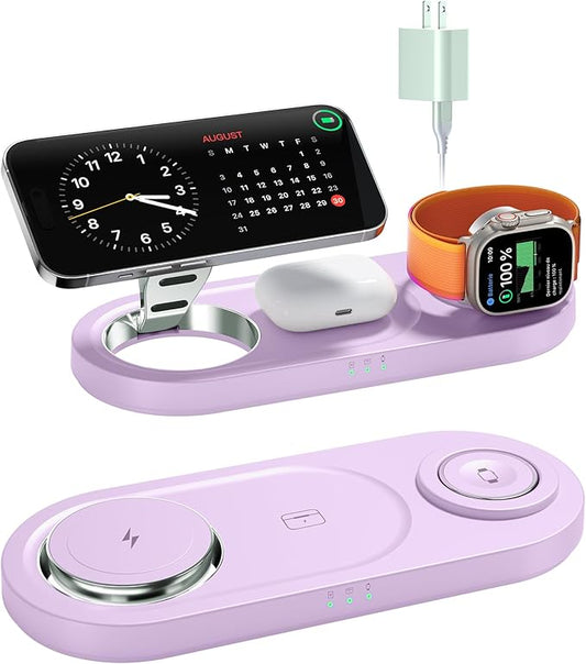 Upgraded 3 in 1 Wireless Charging Station for Apple Devices, Faster Mag-Safe Charger Stand, Magnetic Charger Station for iPhone 16/15/14/13/12 Series & AirPods Pro & Apple Watch Series (Purple)