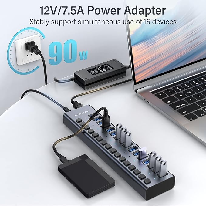 Powered USB 3.0 Hub, ACASIS 16 Ports USB 3.0 Hub with 5Gbps Data Speed，Aluminum Housing, USB Hub Powered with 90W Power Adapter, USB Hub for PC/Laptop, Computer, Flash Drive, Printer, Camera