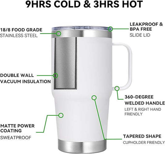 20 oz Stainless Steel Tumbler with Handle Metal Insulated Coffee Travel Mug with Handle Double Wall Tumbler Cup with Lid and Straw, White 1 Pack