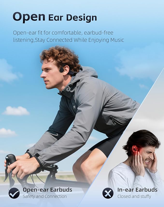 Bone Conduction Headphones, Waterproof Open Ear Wireless Bluetooth Shower Earbuds Noise Cancelling, HiFi Stereo Earphones with Mic, 18H Playtime, Comfort Headset for Sports, Work, Meeting