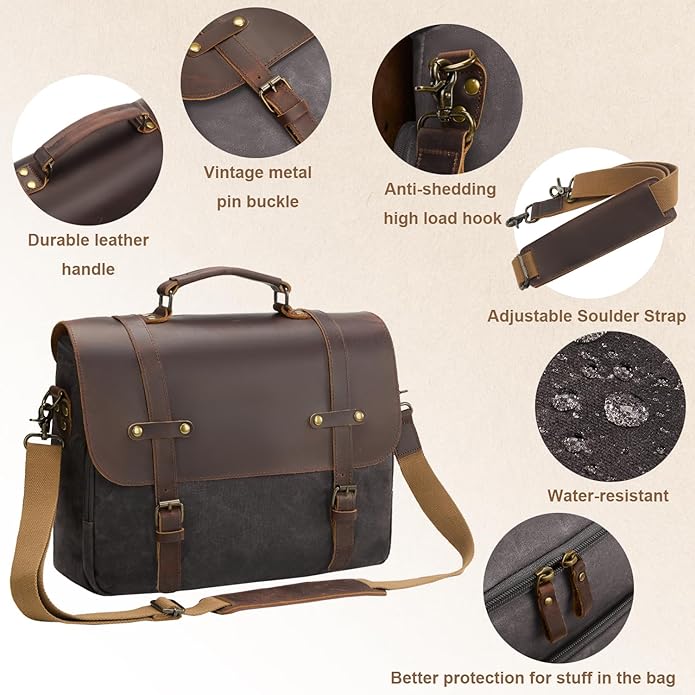 Mens Messenger Bag Waxed Canvas Laptop Briefcase 15.6“ Vintage Genuine Leather Crossbody Bags Waterproof Satchel Shoulder Bag