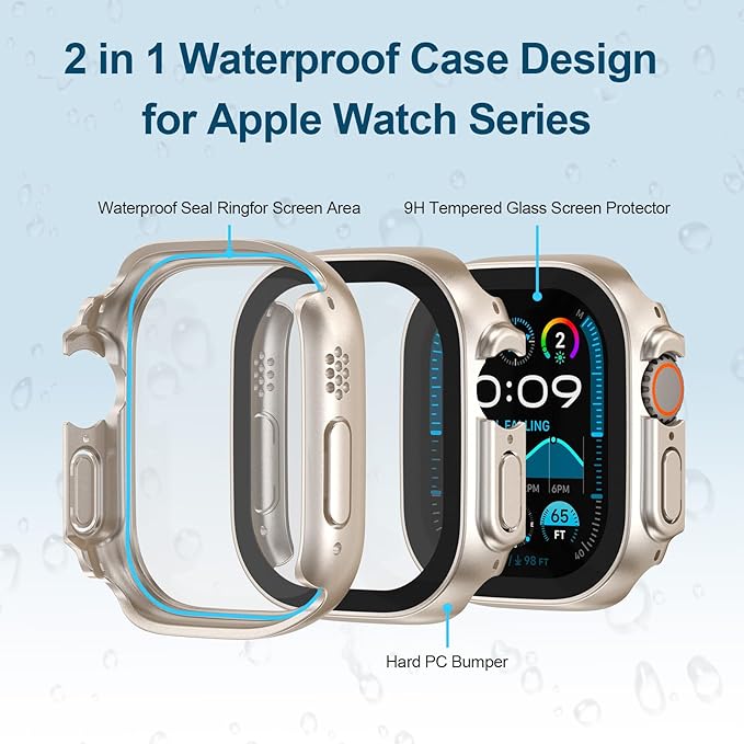 2 in 1 Waterproof Case for Apple Watch Screen Protector Ultra 1/2 Ultra 3(2025) 49mm with Tempered Glass [Overal Protective] Ultra-Thin PC Bumper Cover Compatible iWatch Accessories