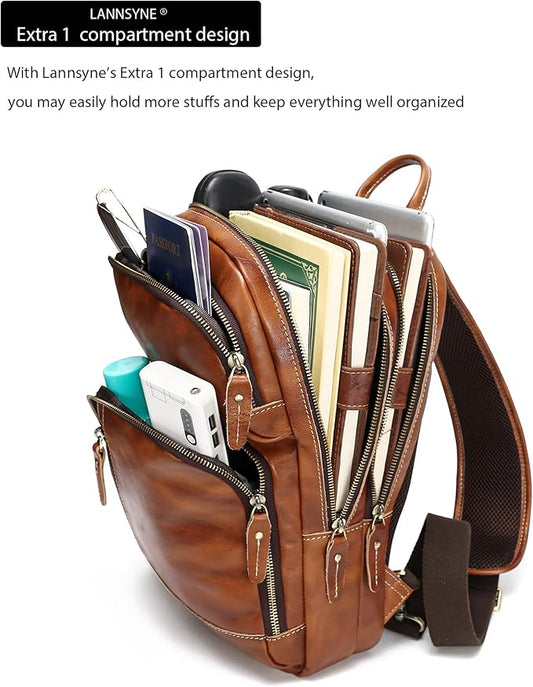 LANNSYNE Full Grain Leather Sling Bag For Men, Crossbody Bag fits 12.9" iPad Crossbody Chest Daypack
