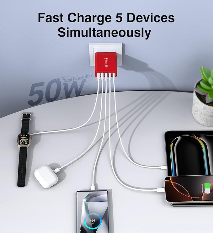 [2-Pack] USB C Wall Charger, 50W Fast USB C Charger Block, 5-Port PD Power Adapter + QC Wall Plug Multiport Type C Charging Block Cube Compatible with iPhone 16 15 14 13 12 11 Pro Max XR XS, Red