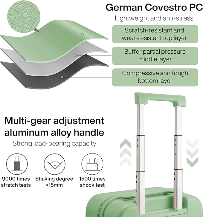 mixi Carry on Luggage, 20'' Suitcase Spinner Wheels Luggage Hardshell Lightweight Rolling Suitcases PC with Cover & TSA Lock for Business Travel, Avocado Green