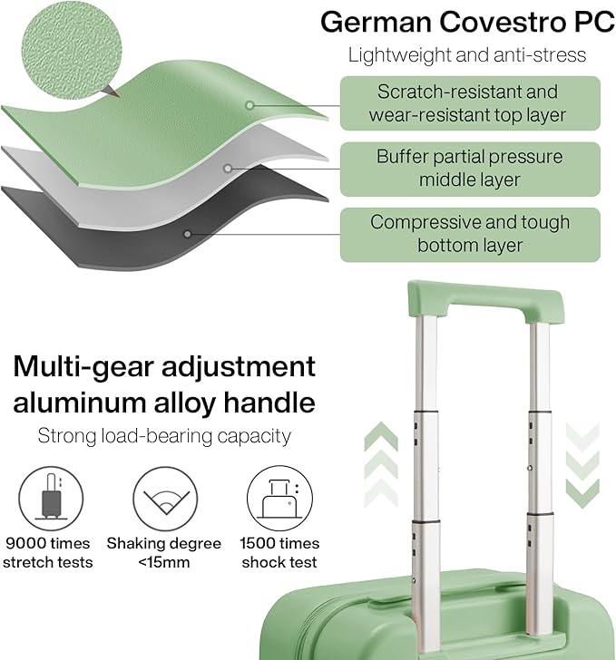 mixi Carry on Luggage, Suitcase with Spinner Wheels 16in Luggage Hardshell Lightweight Rolling Suitcases PC with Cover & TSA Lock, Avocado Green