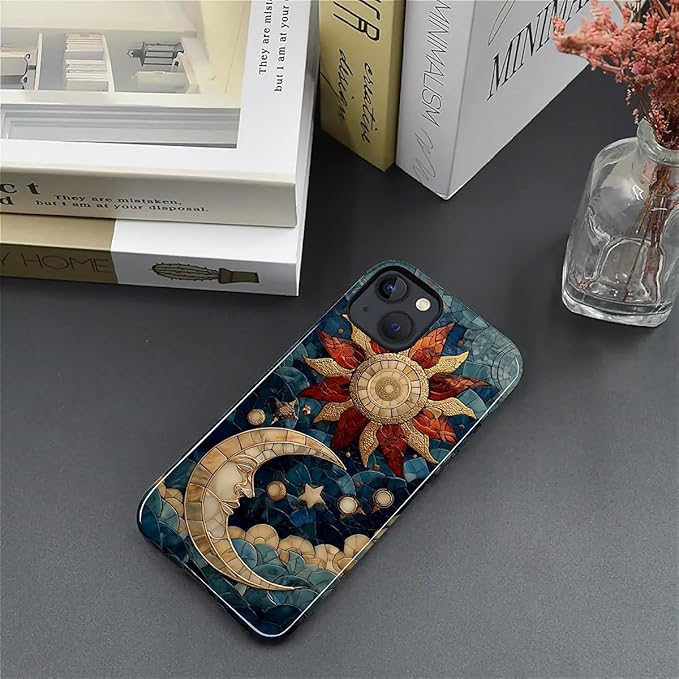 Case for iPhone 15 Plus Case,Sun Moon Stars Faux Stained Glass Design Hybrid Dual Protection Silicone + Hard PC Shockproof Full Body Cover Slim Anti-Scratch Protective Case for Men Women