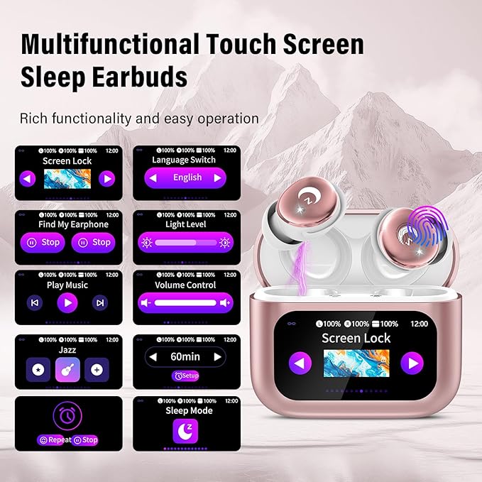 Sleep Earbuds Bluetooth 5.4 in Ear Smart Touch Screen Ear Buds, 48H Mini Sleep Headphones Small Design for Side Sleepers, Crystal-Clear Calls, 5 EQ Modes, IPX7 Waterproof Earphones Rose Gold
