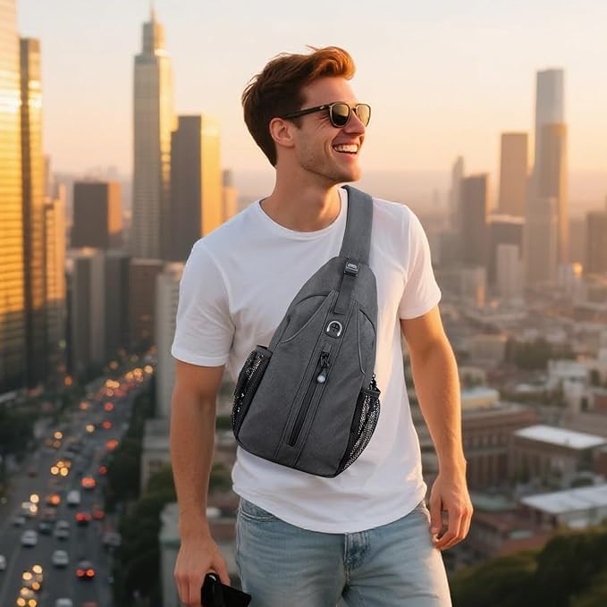 LEDAOU Crossbody Sling Bag for Men Anti-Theft Sling Backpack Cross Body Shoulder Chest Bag Fanny Pack Travel Hiking (Black-Grey)