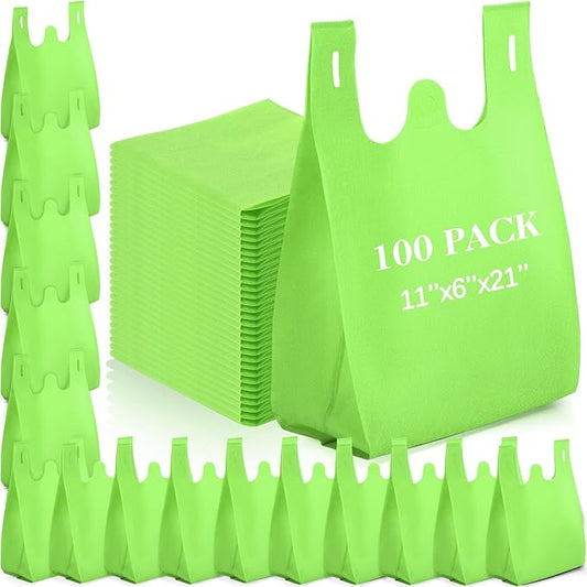 Windyun Large Grocery T-shirt Bags Bulk Reusable Non Woven Shopping Bag Foldable Gift Tote with Handle, 21x11x6 Inch