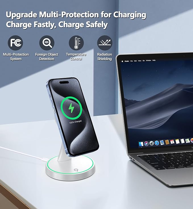 Magnetic Wireless Charger Stand 15W Fast Mag-Safe Charger for iPhone 17/17 pro/ 17 Air/ 17 pro max 16/15/14/13/12 Series Magnet Wireless Charging Station/Pad with Sleep-Friendly Light for AirPods