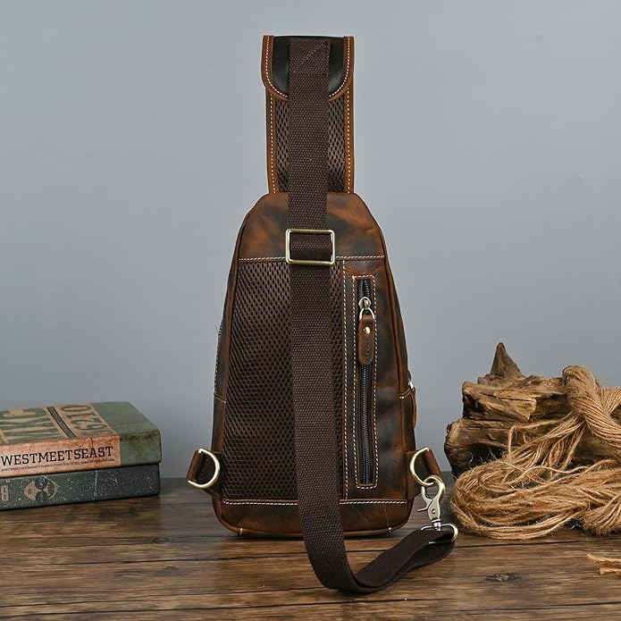 Genuine Leather Hiking Travel DayPack Sling Crossbody Triangle Chest Pack Bag For Men Women 8241
