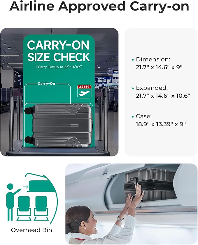 BAGSMART Expandable Carry On Luggage 22x14x9 Airline Approved, 1OO% PC Lightweight Hard Shell Suitcase, 20 Inch Travel Luggage with Spinner Wheels, Waterproof Rolling Suitcase, Gray…