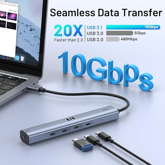 10Gbps USB C Hub with 4K@60Hz Video Display, Selore 5 Ports USB C Splitter, C Port Data Transfer, 100W PD-in Charging, Dongle Multiport Adapter for MacBook Pro, iPad, Dell, HP, and More
