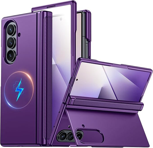 CENMASO Magnetic for Samsung Galaxy Z Fold 7 Case with Stand, Fit for Magsafe, Hinge Protection, Screen Protector, Built-in Hidden Kickstand, Slim Shockproof Phone Case for Galaxy Z Fold 7-Purple