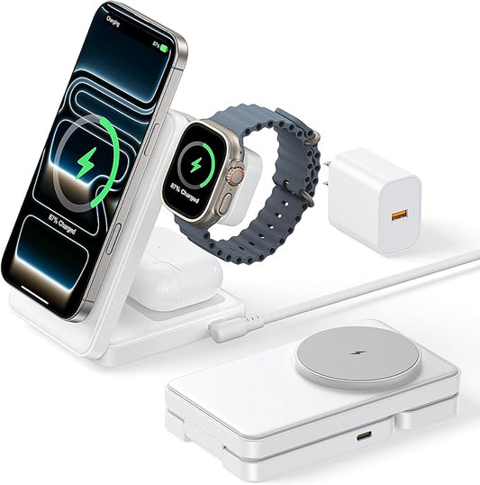 3 in 1 Magnetic Charging Station, 15W Fast Wireless Charger Compatible with MagSafe Charger Stand for iPhone 17 16 15 14 13 12, Apple Watch Charger & AirPods, Foldable Travel Charging Dock, White