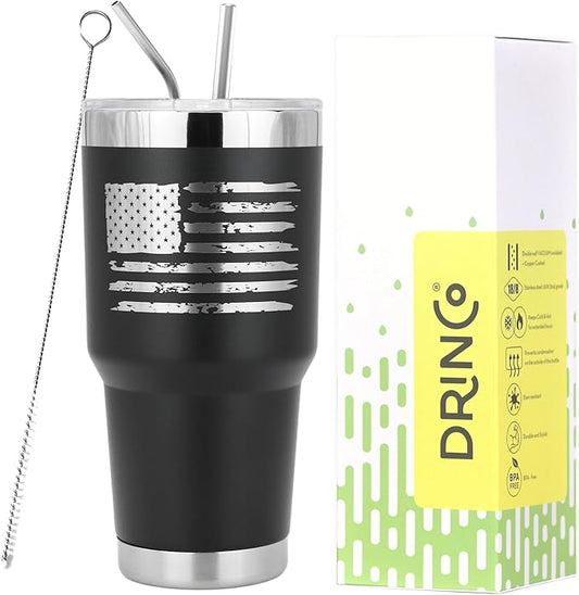Drinco - 30 oz Stainless Steel Tumbler | Double Walled Vacuum Insulated Mug With Lid, 2 Straws, For Hot & Cold Drinks (30oz Black USA Flag, 30oz)