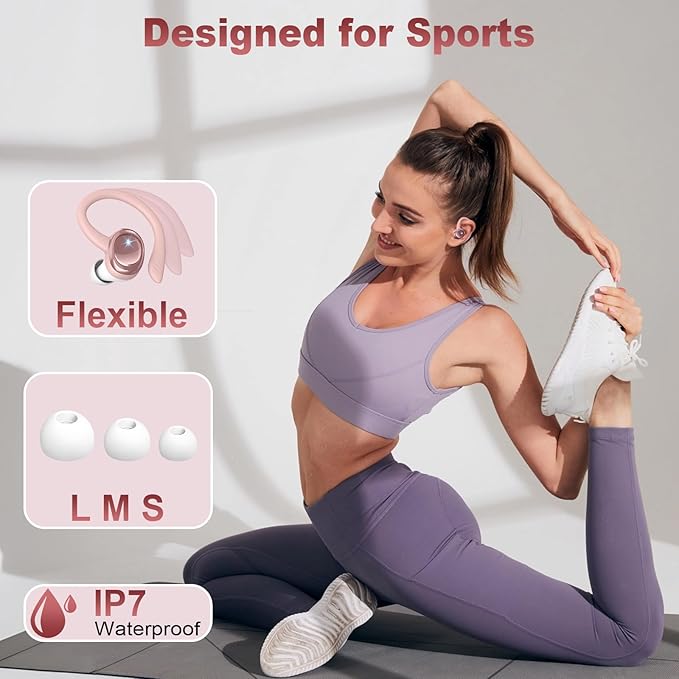 Wireless Earbuds Sport, 2025 Bluetooth 5.4 Headphones with Earhooks, 50H Stereo Deep Bass Over Ear Buds with 4 ENC Noise Canceling Mics, IP7 Waterproof Earphones for Running Workout Gym -Rose