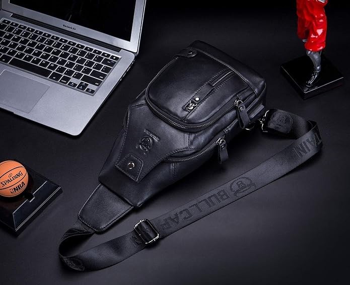 BULLCAPTAIN Men Sling Crossbody Bag with USB Charging Port Genuine Leather Shoulder Chest Bag Travel Hiking Backpack (Black)