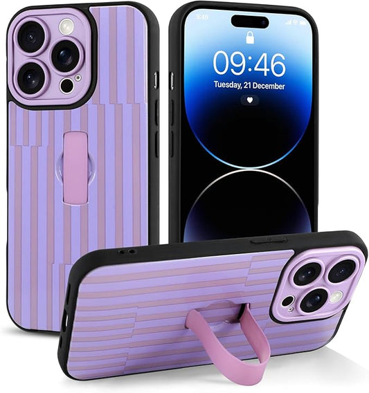 Compatible with iPhone 14 Pro Max Case with Finger Hand Strap Kickstand, Trendy Cool Striped Phone Case for Women Men, Full Camera Protection Shockproof Protective Cover, Purple Stripes