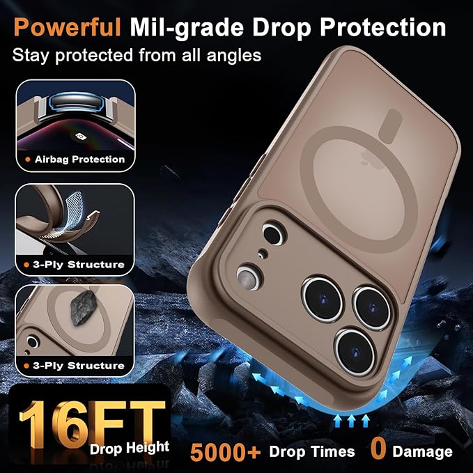 MOCCA Strong Magnetic Compatible with iPhone 17 Pro Case [Compatible with Magsafe] [Full Camera Protection] Slim Translucent Matte Shockproof Phone Case Cover 6.3",Brown