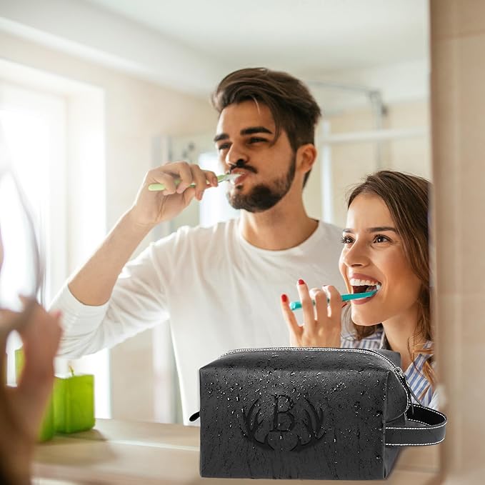 Mens Toiletry Bag Personalized Christmas Birthday Gifts for Men Him Initial PU Leather Waterproof Shaving Bag for Toiletries Accessories Travel Essential for Dad Husband Boyfriend, Black M