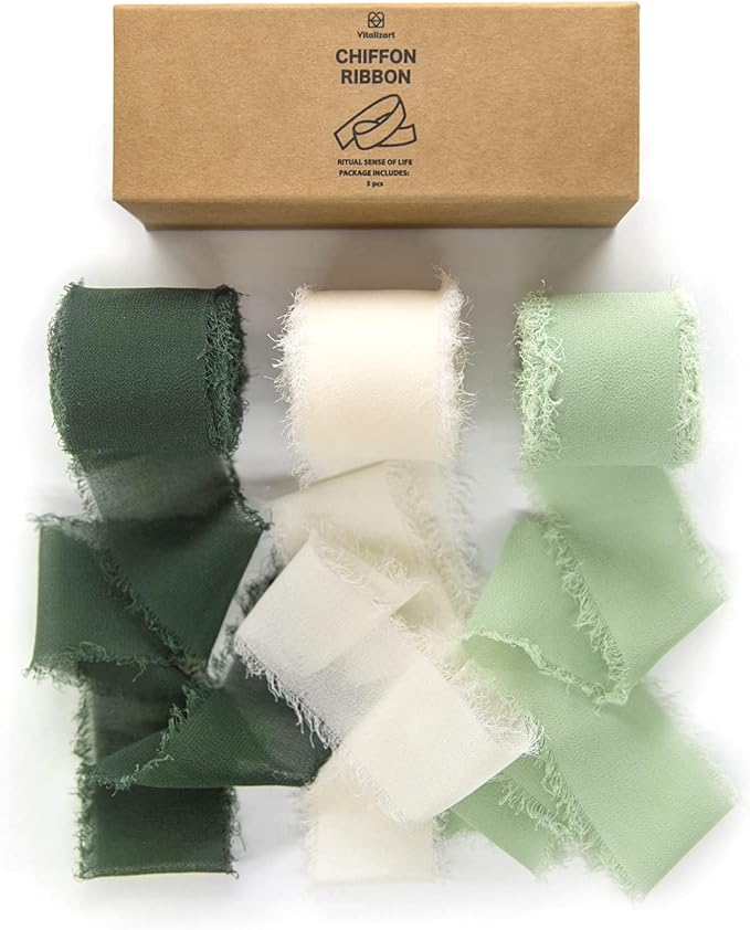 Vitalizart Handmade Chiffon Silk Ribbon Fringe Green & Cream 1.5" x 21 Yd Frayed Edges Ribbons for Wedding Invitations Bridal Bouquets Gifts Wrapping Crafts Holiday Party Decorations