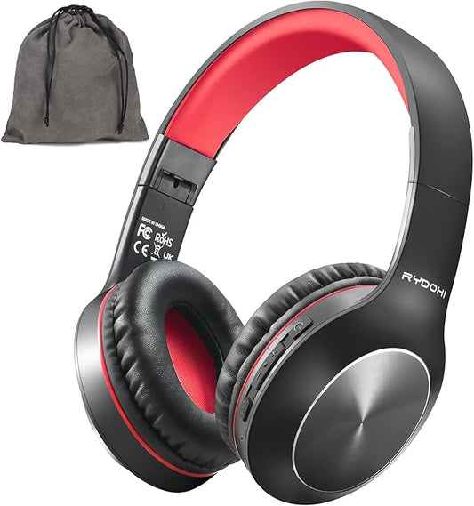 Bluetooth Headphones Over Ear,68H Playtime and 3 EQ Music Modes Wireless Headphones with Microphone/Deep Bass, HiFi Stereo Foldable Lightweight Headset for PC Home Travel Office (Black Red)