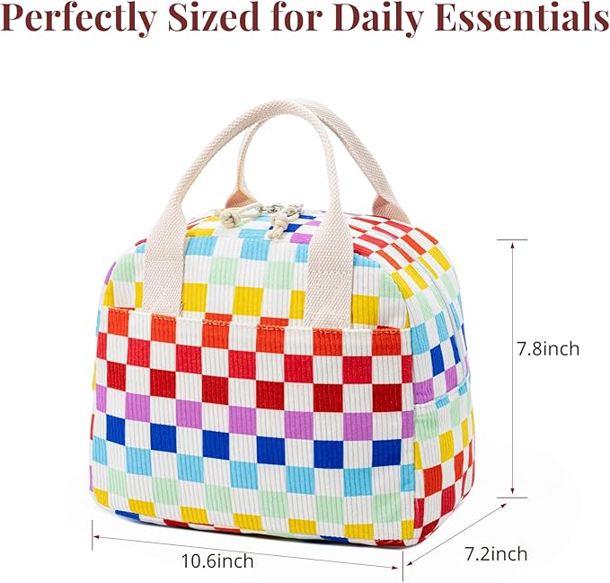 Insulated Lunch Bag for Women Men, Stylish Corduroy Tote Bag with Aluminum Lining, Large Capacity Reusable Cooler for Work, Travel, or Beach, Rainbow Plaid Lunch Box