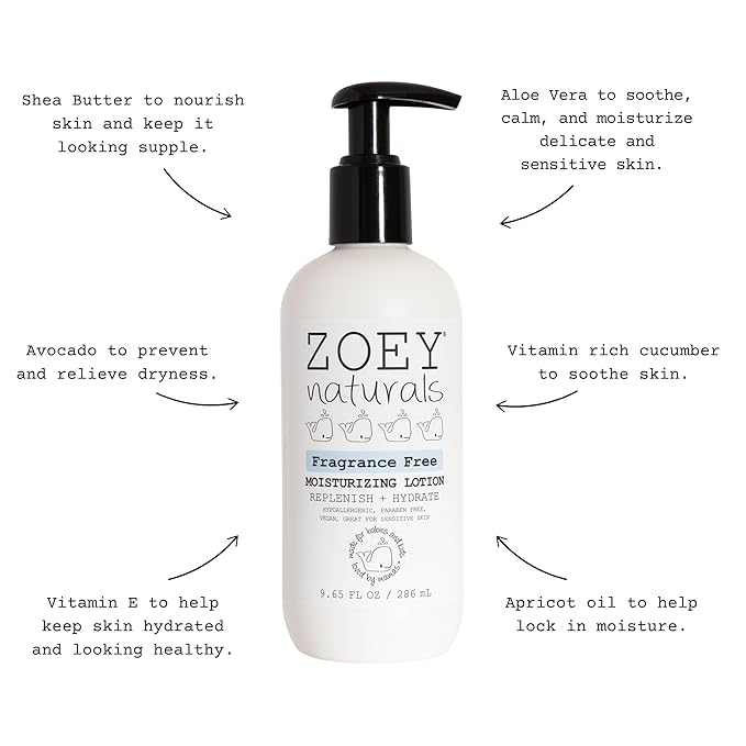 Zoey Naturals Fragrance-Free Baby & Toddler Lotion – Hypoallergenic, Vegan, Gentle Moisturizer for Sensitive Skin – Non-Greasy, Paraben & Phthalate Free – 9.65 oz