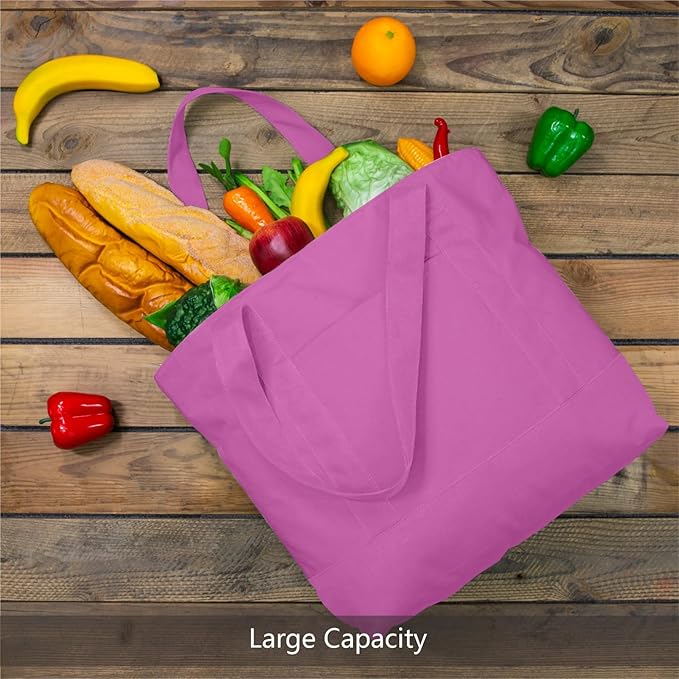 TOPDesign 1-Pack Canvas Tote Bag with an External Pocket, Reusable Grocery Shopping Bag, Top Zipper Closure, Daily Essentials (Light Purple)