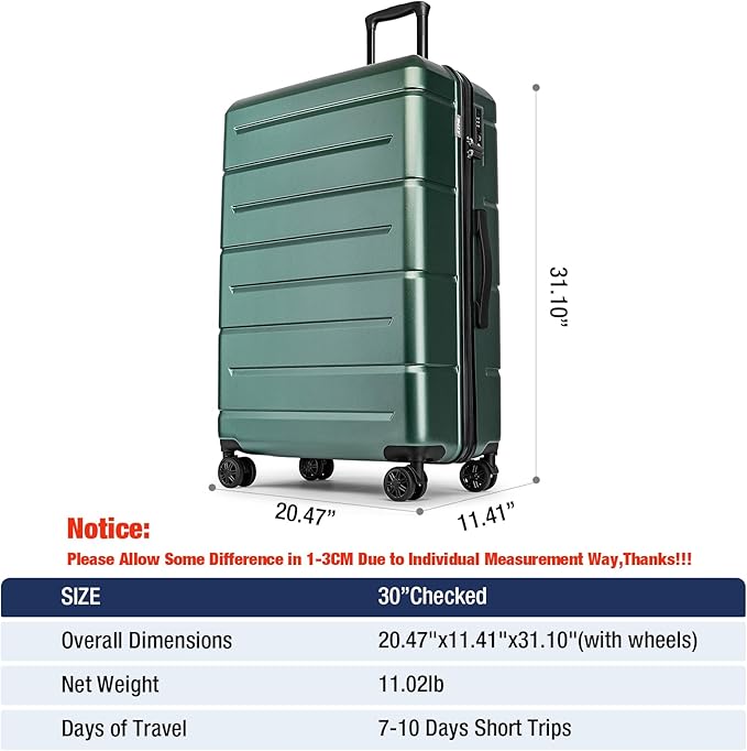 KYME 30 Inch Luggage TSA Approved Hardside Suitcases with Spinner Wheels Durable Large Travel Checked Rolling Luggage with Cup Holder for Women Men Green