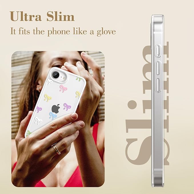 EYZUTAK Case for iPhone 16e, Clear Cute Ribbon Bowknot Pattern Aesthetic Transparent Phone Case Raised Camera Protection Stylish Slim Soft Durable TPU Protective Cover for Women Girls - Colorful