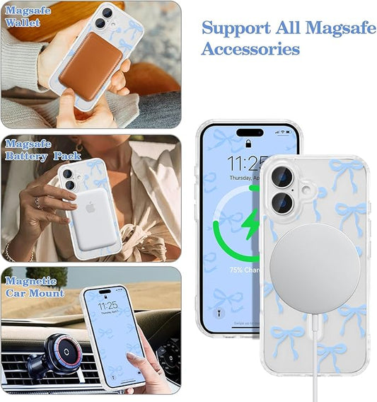 UEEBAI Magnetic for iPhone 16 Plus Case, Bow Case Compatible with MagSafe, Wireless Slim Clear Ribbon Aesthetic Phone Cover Anti-Yellowing Shockproof Protective Cover for Women Girl - Baby Blue
