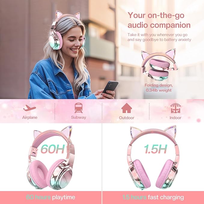 QearFun Kids Cat Ear Bluetooth Headphones, 60H Playtime, 74/85/94dB Safe Volume Limit, Metallic Gradient Wireless Headset with Mic, Fast Charging, Foldable, Wired Mode for Girls School/Tablet/Travel
