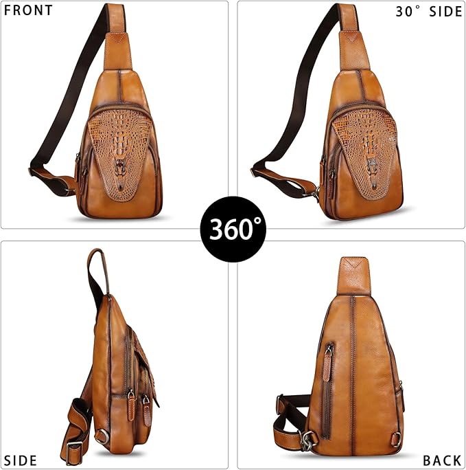 Genuine Leather Sling Bag Embossed Crocodile Pattern Leather Crossbody Sling Backpack Handmade Chest Purse Daypack (Brown)